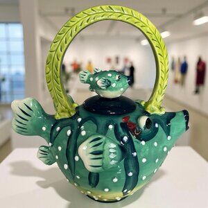 Vintage Blue Sky Clayworks Puffer Fish Teapot and Lid Embossed Ceramic 9-1/2"